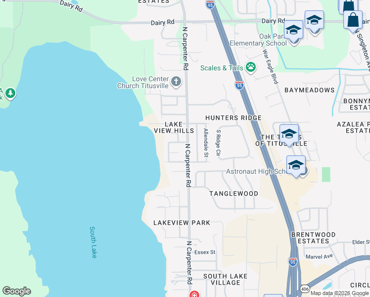 map of restaurants, bars, coffee shops, grocery stores, and more near 920 North Carpenter Road in Titusville