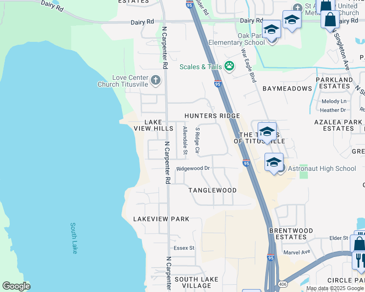 map of restaurants, bars, coffee shops, grocery stores, and more near 900 Allendale Street in Titusville