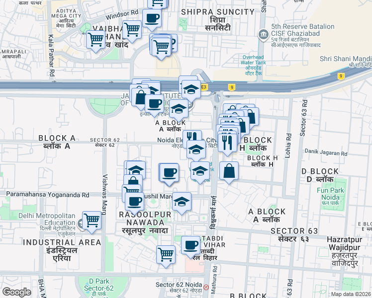 map of restaurants, bars, coffee shops, grocery stores, and more near in Noida