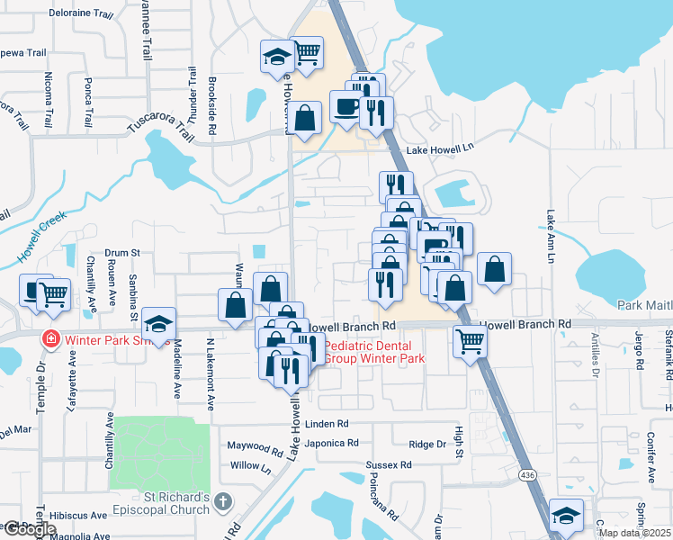 map of restaurants, bars, coffee shops, grocery stores, and more near 441 Citrus Lane in Maitland