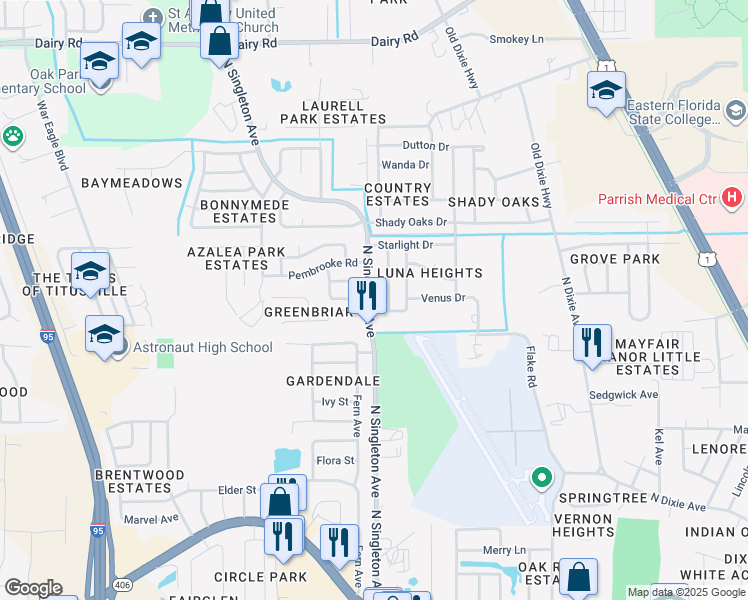 map of restaurants, bars, coffee shops, grocery stores, and more near 915 North Singleton Avenue in Titusville