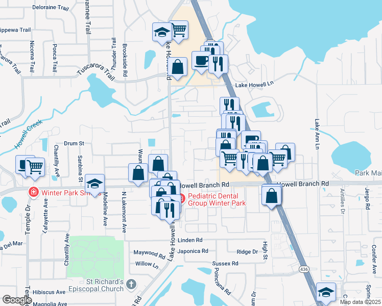 map of restaurants, bars, coffee shops, grocery stores, and more near 441 Citrus Lane in Maitland