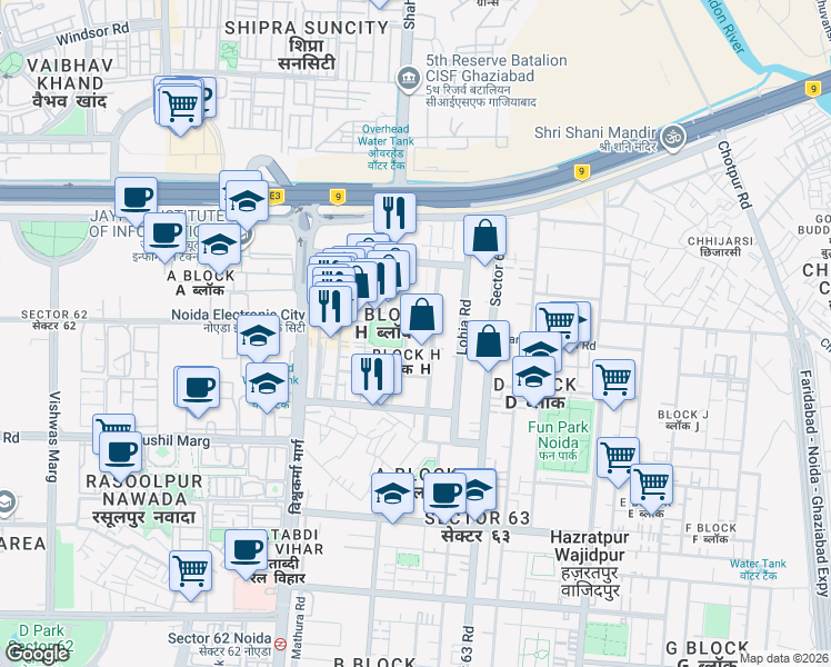 map of restaurants, bars, coffee shops, grocery stores, and more near in Noida
