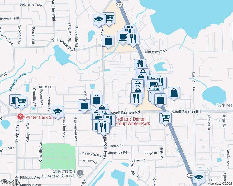 map of restaurants, bars, coffee shops, grocery stores, and more near 441 Citrus Lane in Maitland