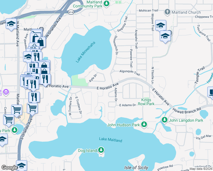 map of restaurants, bars, coffee shops, grocery stores, and more near 1511 East Horatio Avenue in Maitland