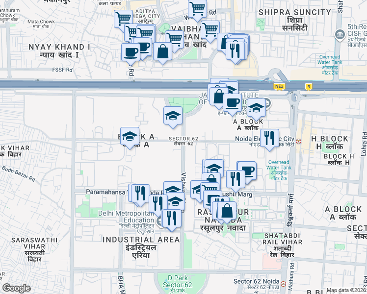 map of restaurants, bars, coffee shops, grocery stores, and more near in Noida