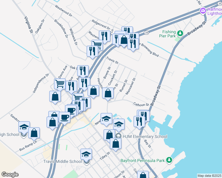 map of restaurants, bars, coffee shops, grocery stores, and more near 114 Bonham Street in Port Lavaca