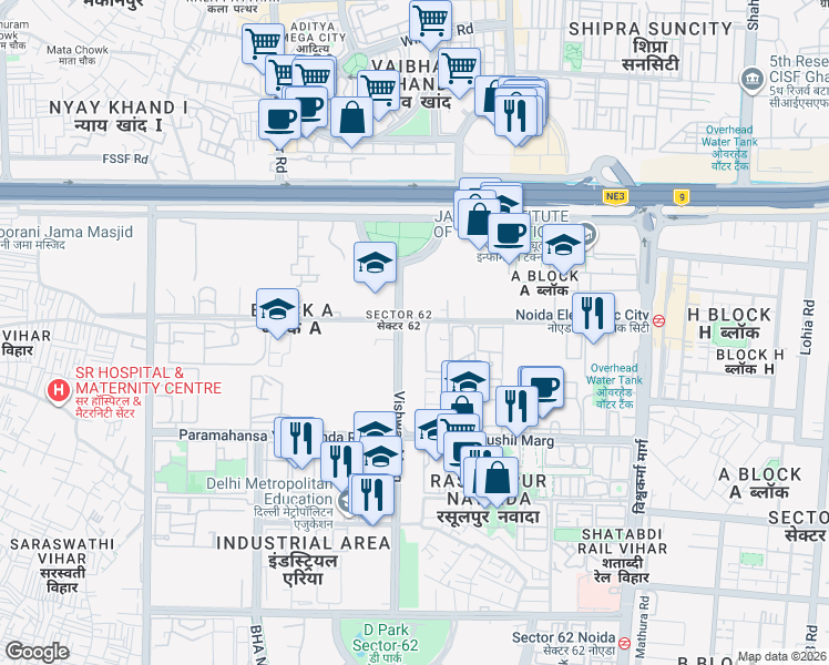 map of restaurants, bars, coffee shops, grocery stores, and more near in Noida