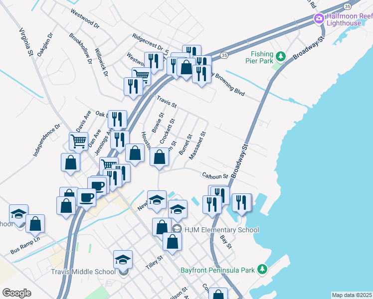 map of restaurants, bars, coffee shops, grocery stores, and more near 118 Burnet Street in Port Lavaca