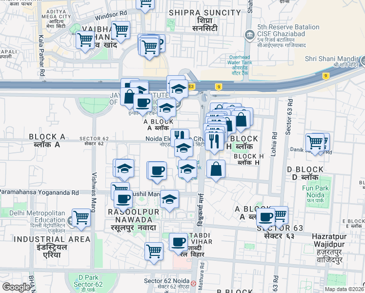 map of restaurants, bars, coffee shops, grocery stores, and more near in Noida