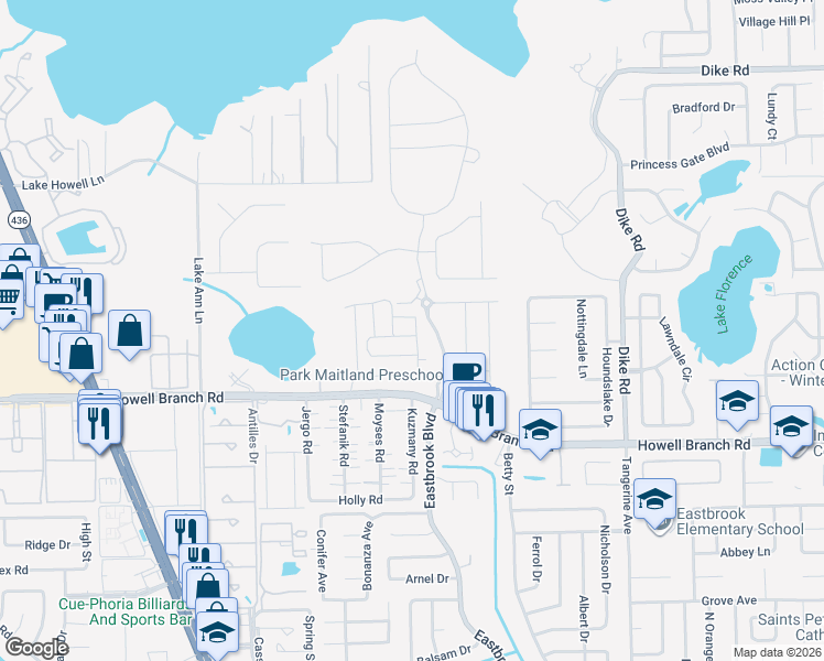 map of restaurants, bars, coffee shops, grocery stores, and more near 2221 Shadowland Loop in Winter Park