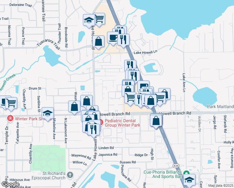 map of restaurants, bars, coffee shops, grocery stores, and more near 2517 Caper Lane in Maitland