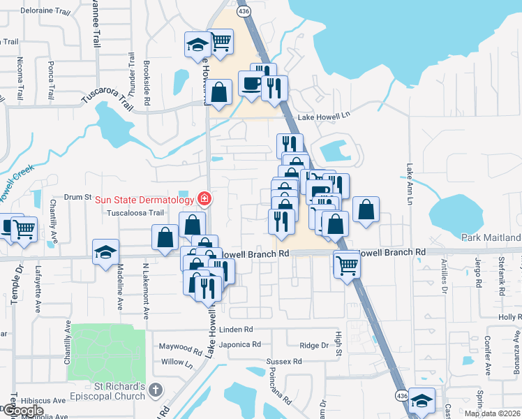 map of restaurants, bars, coffee shops, grocery stores, and more near 2517 Caper Lane in Maitland