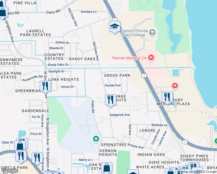 map of restaurants, bars, coffee shops, grocery stores, and more near 2375 Florida Avenue in Titusville