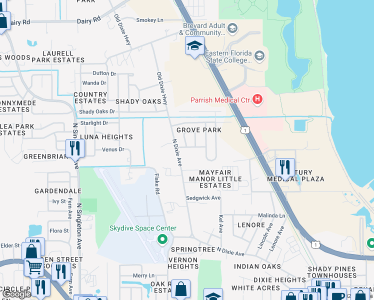 map of restaurants, bars, coffee shops, grocery stores, and more near 2355 Florida Avenue in Titusville