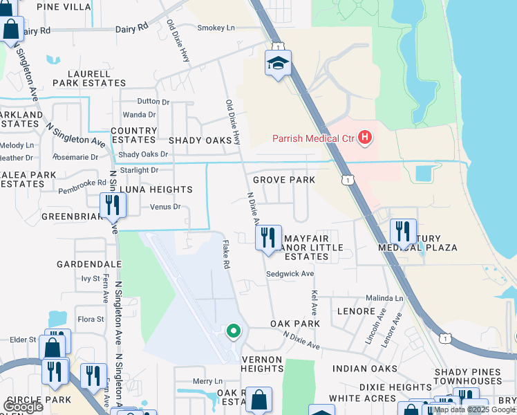 map of restaurants, bars, coffee shops, grocery stores, and more near 2375 Florida Avenue in Titusville