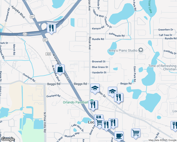 map of restaurants, bars, coffee shops, grocery stores, and more near 7800 Rose Avenue in Orlando
