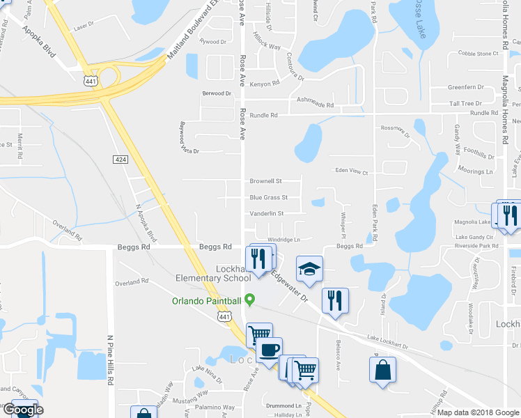 map of restaurants, bars, coffee shops, grocery stores, and more near 5417 Vanderlin Street in Orlando