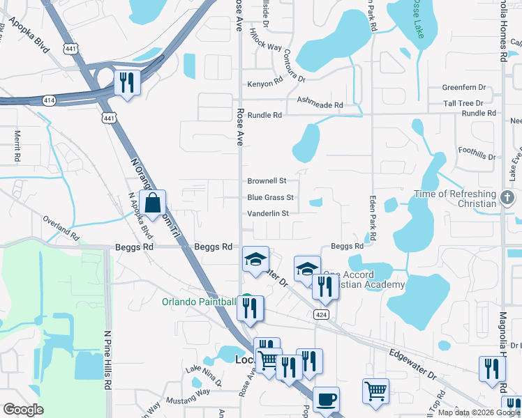 map of restaurants, bars, coffee shops, grocery stores, and more near 5417 Vanderlin Street in Orlando