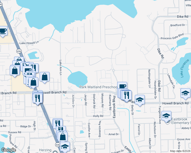 map of restaurants, bars, coffee shops, grocery stores, and more near 1544 Little Wren Lane in Winter Park