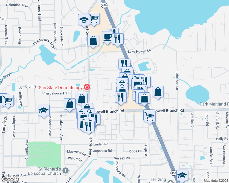 map of restaurants, bars, coffee shops, grocery stores, and more near 559 Flemming Way in Maitland