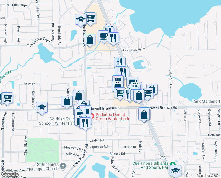 map of restaurants, bars, coffee shops, grocery stores, and more near 559 Flemming Way in Maitland