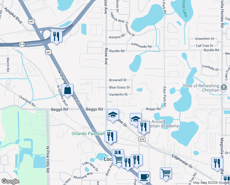 map of restaurants, bars, coffee shops, grocery stores, and more near 5417 Vanderlin Street in Orlando