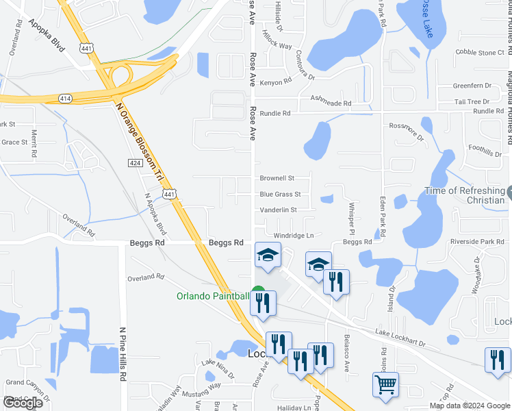 map of restaurants, bars, coffee shops, grocery stores, and more near 7800 Rose Avenue in Orlando