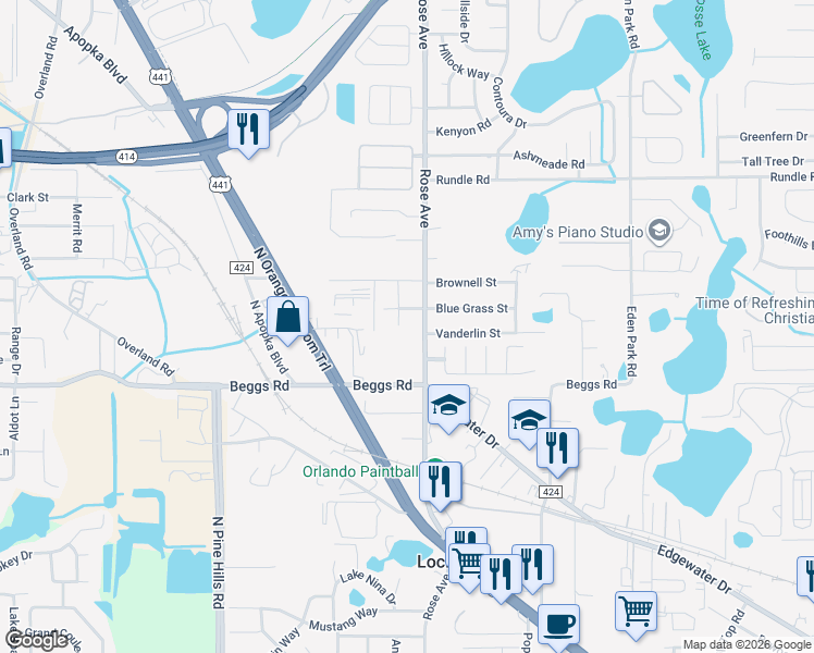 map of restaurants, bars, coffee shops, grocery stores, and more near 7800 Rose Avenue in Orlando