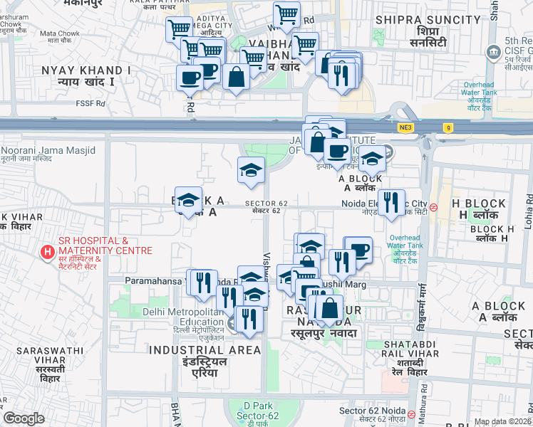 map of restaurants, bars, coffee shops, grocery stores, and more near in Noida