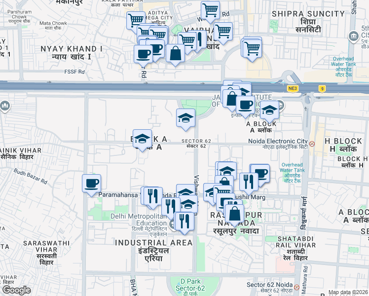 map of restaurants, bars, coffee shops, grocery stores, and more near in Noida