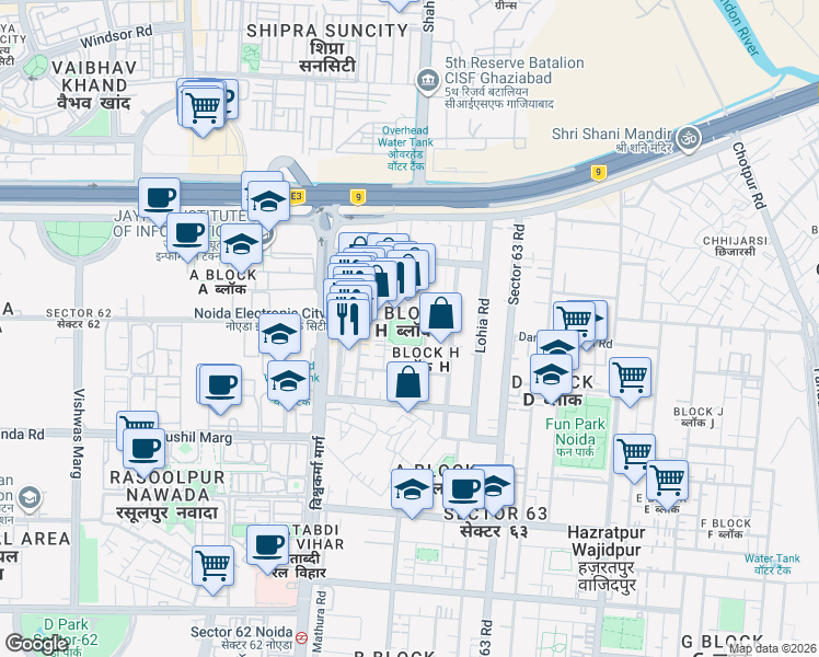 map of restaurants, bars, coffee shops, grocery stores, and more near Unnamed Road in Noida