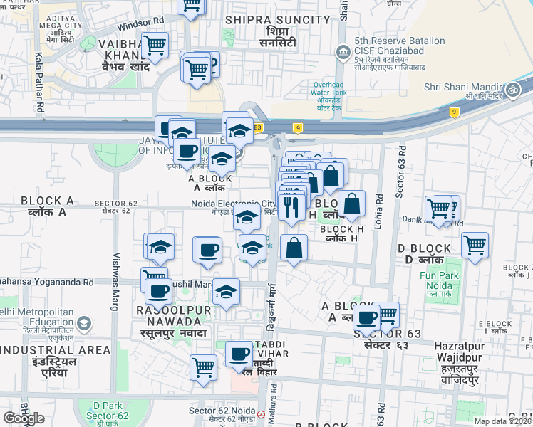 map of restaurants, bars, coffee shops, grocery stores, and more near in Noida
