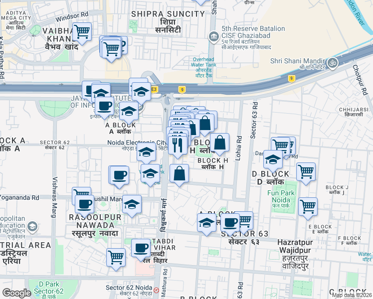 map of restaurants, bars, coffee shops, grocery stores, and more near in Noida