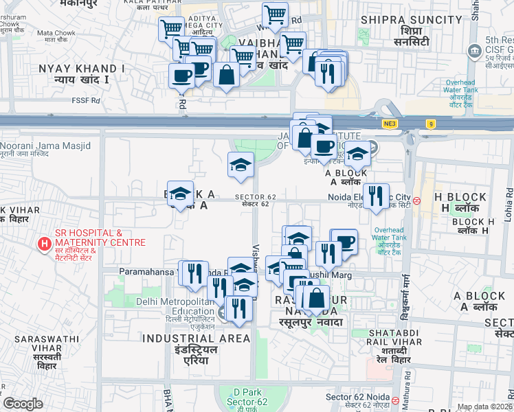 map of restaurants, bars, coffee shops, grocery stores, and more near in Noida