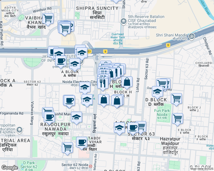 map of restaurants, bars, coffee shops, grocery stores, and more near in Noida
