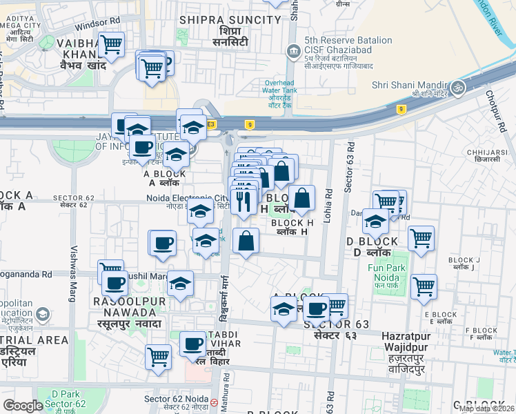map of restaurants, bars, coffee shops, grocery stores, and more near in Noida