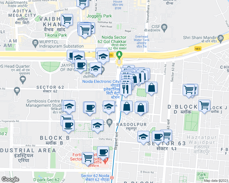 map of restaurants, bars, coffee shops, grocery stores, and more near in Noida