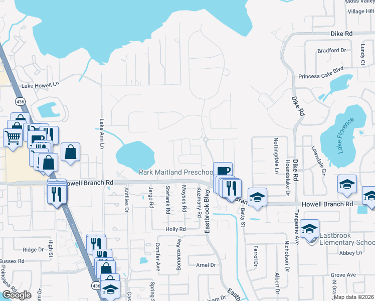map of restaurants, bars, coffee shops, grocery stores, and more near 1518 Broad Wing Lane in Winter Park