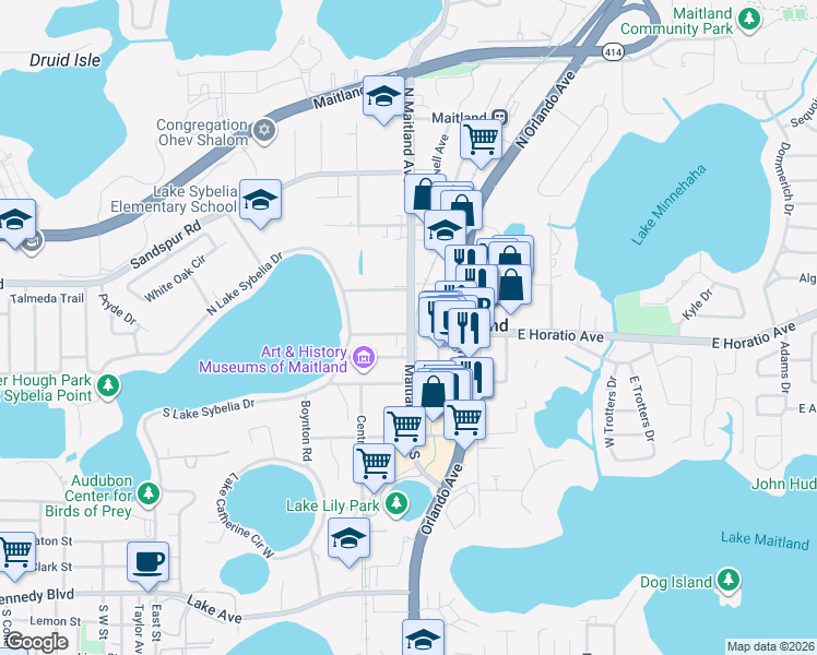 map of restaurants, bars, coffee shops, grocery stores, and more near in Maitland