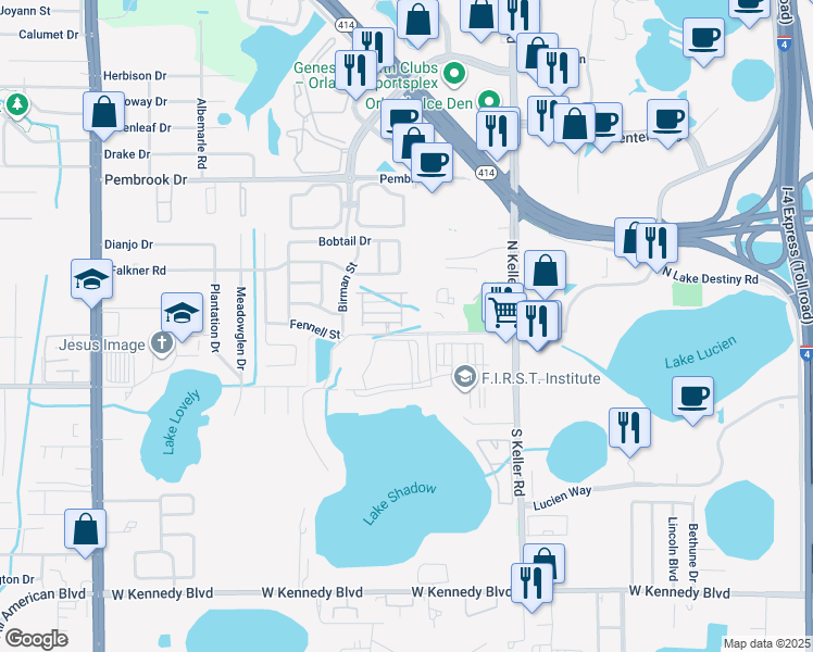 map of restaurants, bars, coffee shops, grocery stores, and more near 1919 Fennell Street in Maitland