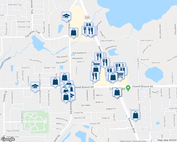 map of restaurants, bars, coffee shops, grocery stores, and more near 559 Flemming Way in Maitland