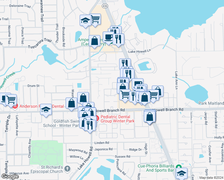 map of restaurants, bars, coffee shops, grocery stores, and more near 559 Flemming Way in Maitland