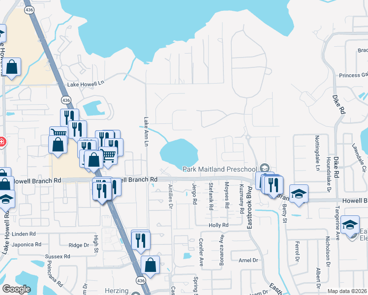 map of restaurants, bars, coffee shops, grocery stores, and more near 203 Ranch Road in Winter Park