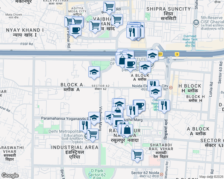 map of restaurants, bars, coffee shops, grocery stores, and more near Rani Ramgarh Road in Noida