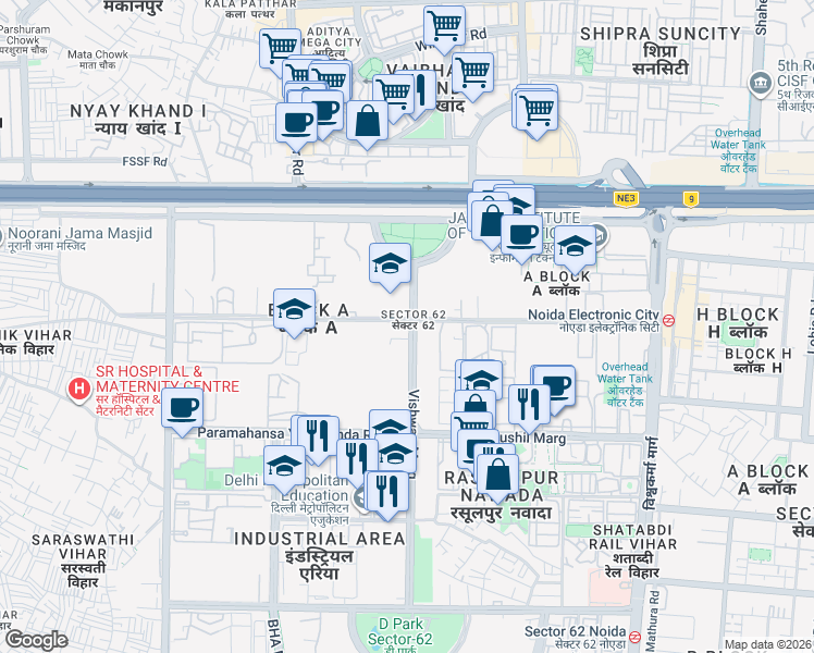map of restaurants, bars, coffee shops, grocery stores, and more near in Noida