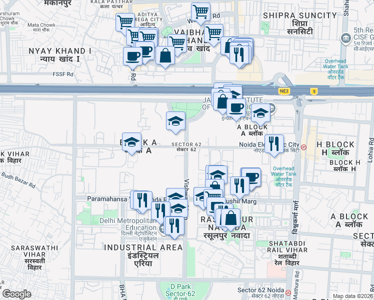map of restaurants, bars, coffee shops, grocery stores, and more near in Noida