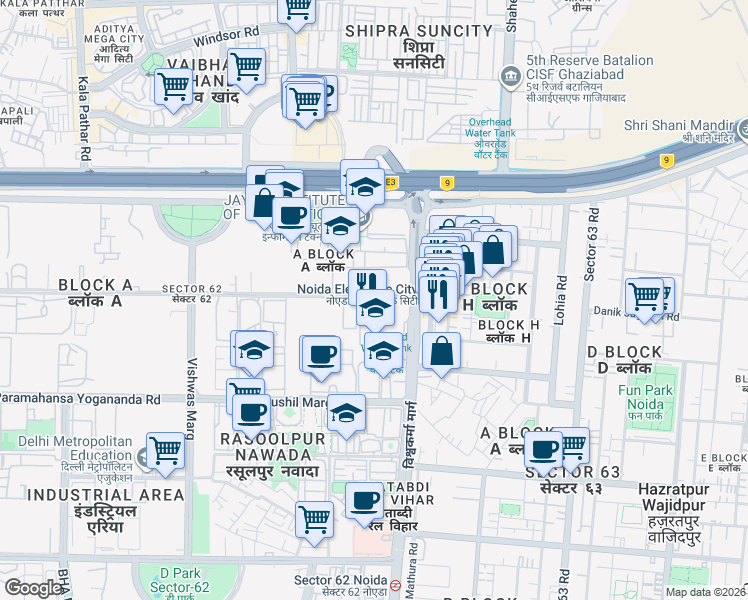map of restaurants, bars, coffee shops, grocery stores, and more near in Noida