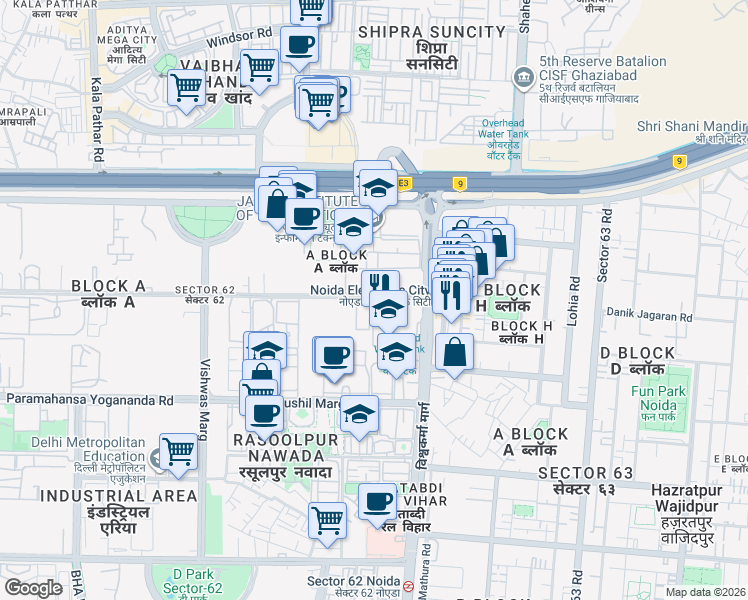 map of restaurants, bars, coffee shops, grocery stores, and more near in Noida