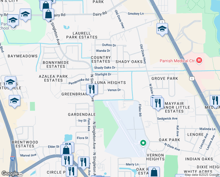 map of restaurants, bars, coffee shops, grocery stores, and more near 2760 Venus Drive in Titusville